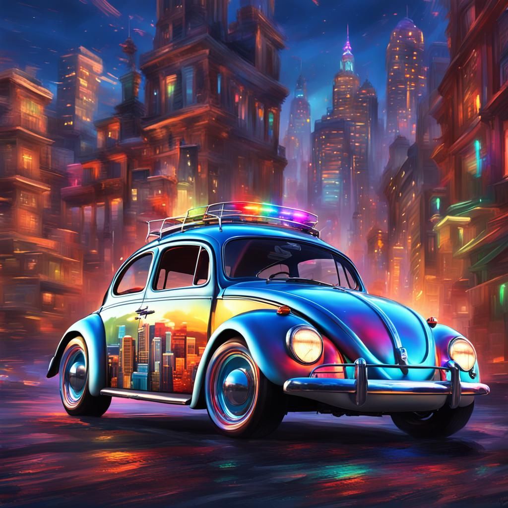 Customized Herbie VW Beetle in Dreamlike Cityscape