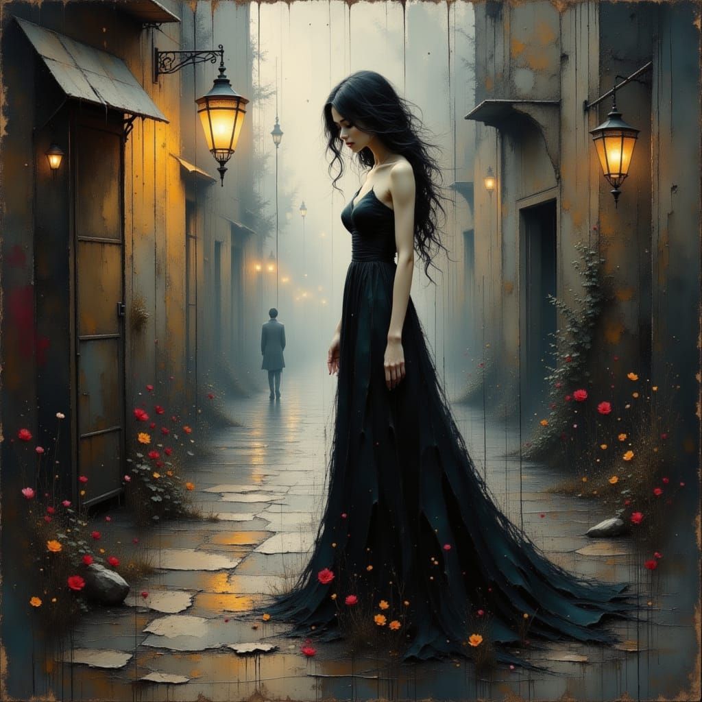 Elegant Woman in Dark Alley: Oil Painting
