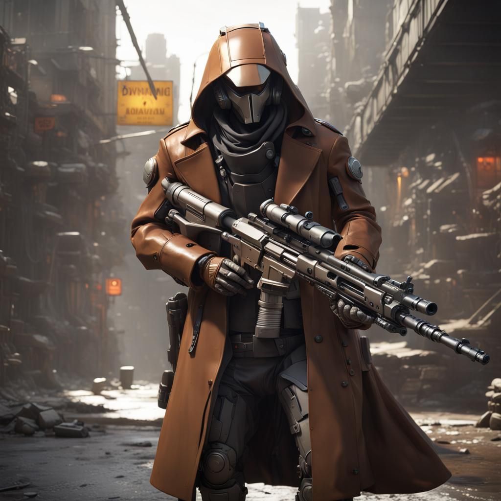 Bounty Hunter with Robotic Arm in Dark Fantasy Style