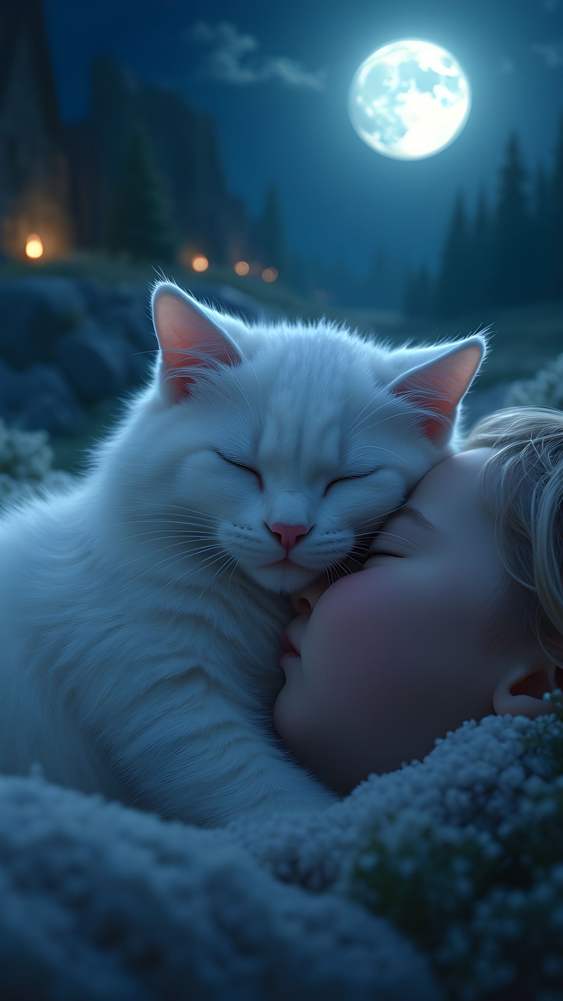 Peaceful Scene: Cat and Child in Moonlight