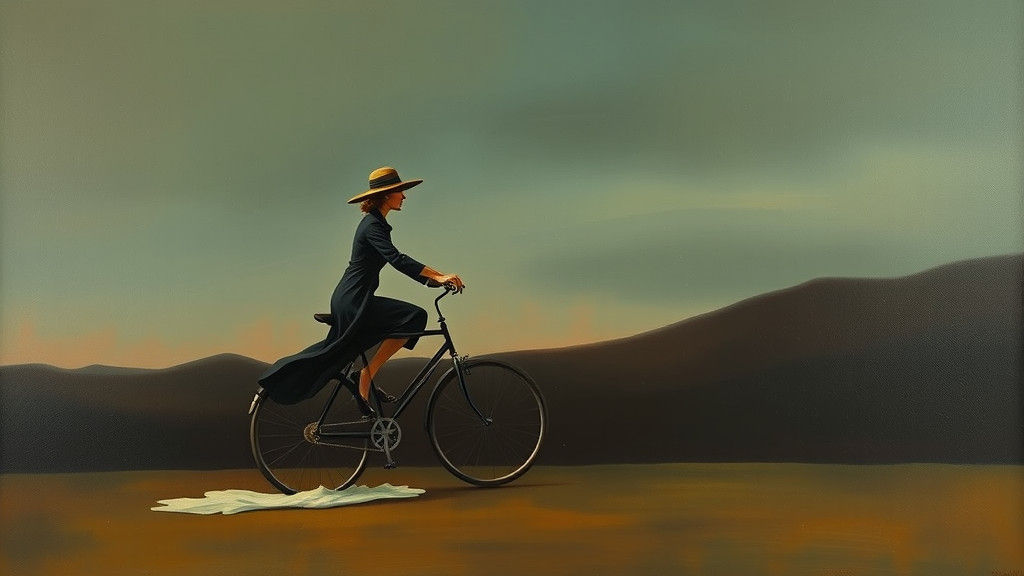 Woman on Melting Bicycle in Surreal Dreamscape