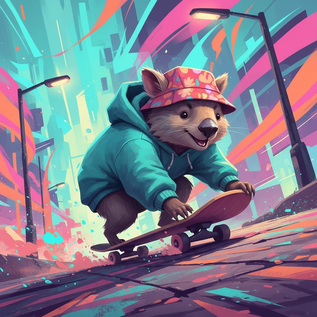 Wombat Skateboarder in Bucket Hat: Digital Art