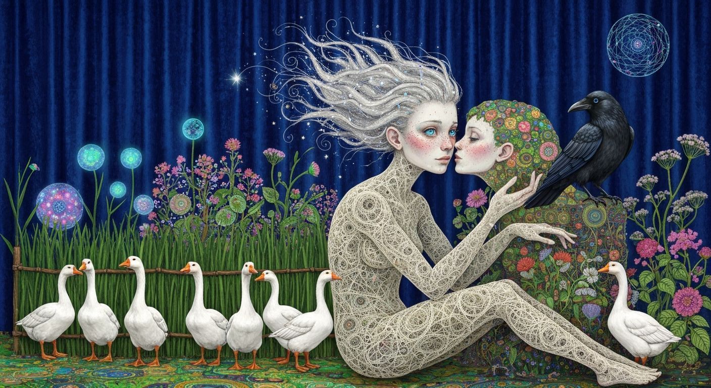 Folkloric Robot and Geese in Surreal Eco-Art Garden