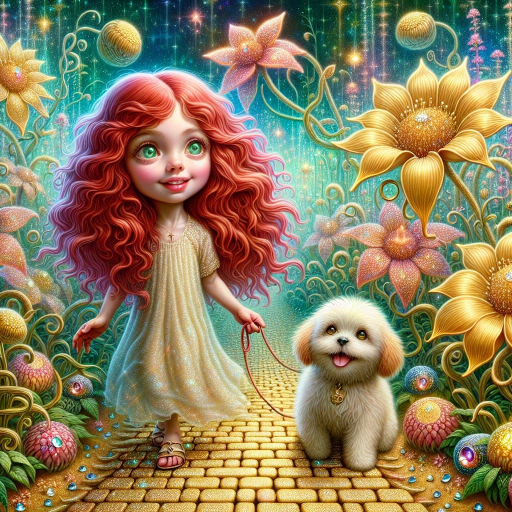 Whimsical Girl in Wonder at a Fantastical Wonderland