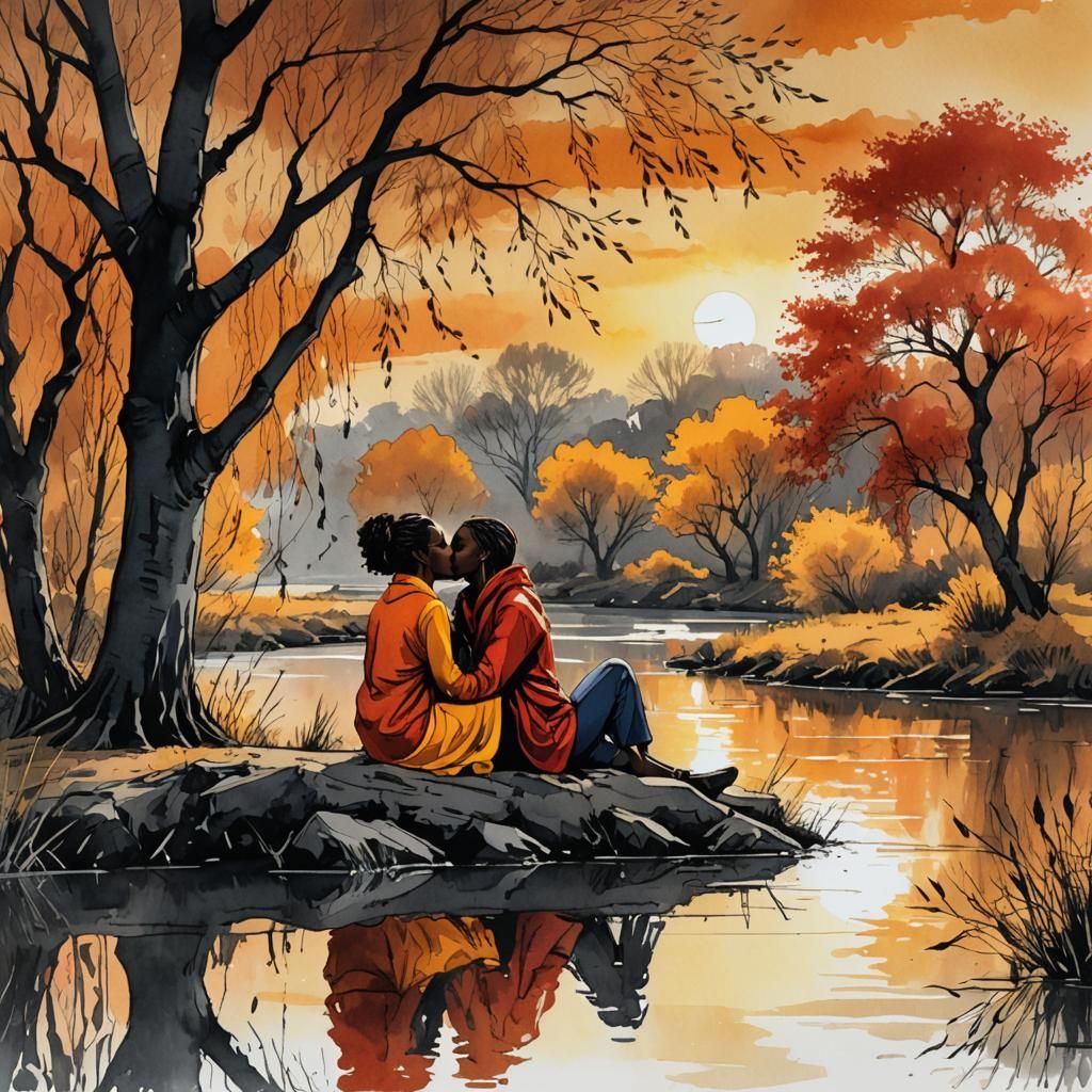 Romantic River Kiss: Modern Ink Painting of Two Girls