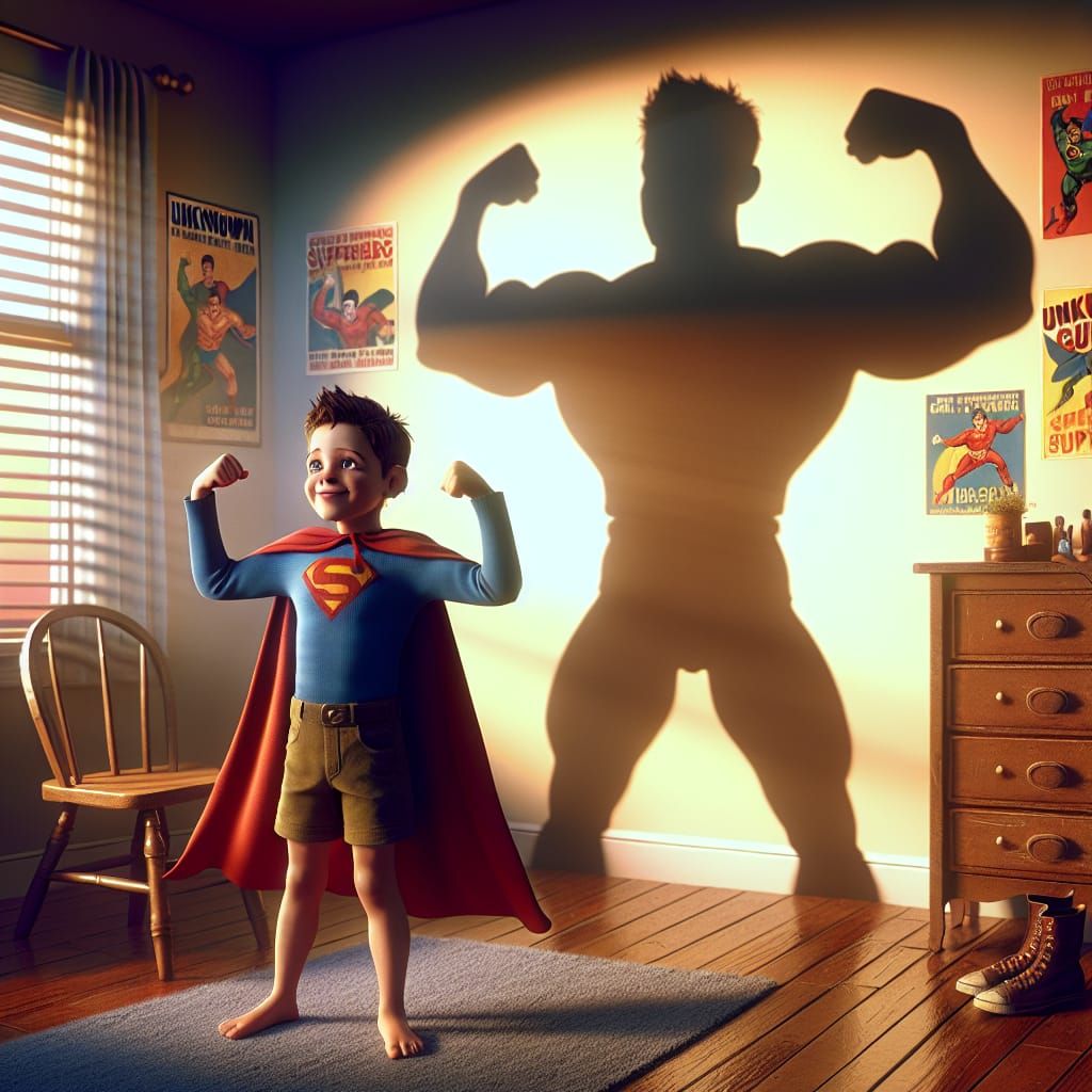 Confident Young Hero Posing with Exaggerated Shadow
