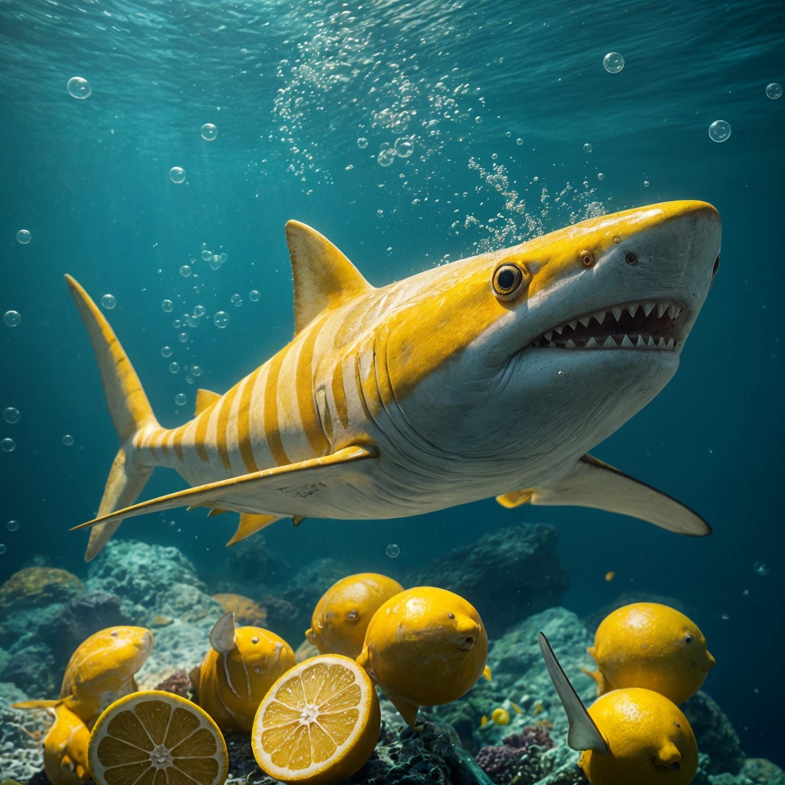 Fantastical Tiger Shark in Blue Water with Lemons and Ice