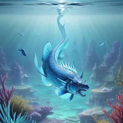Mystical Dragon Fish in Underwater Temple
