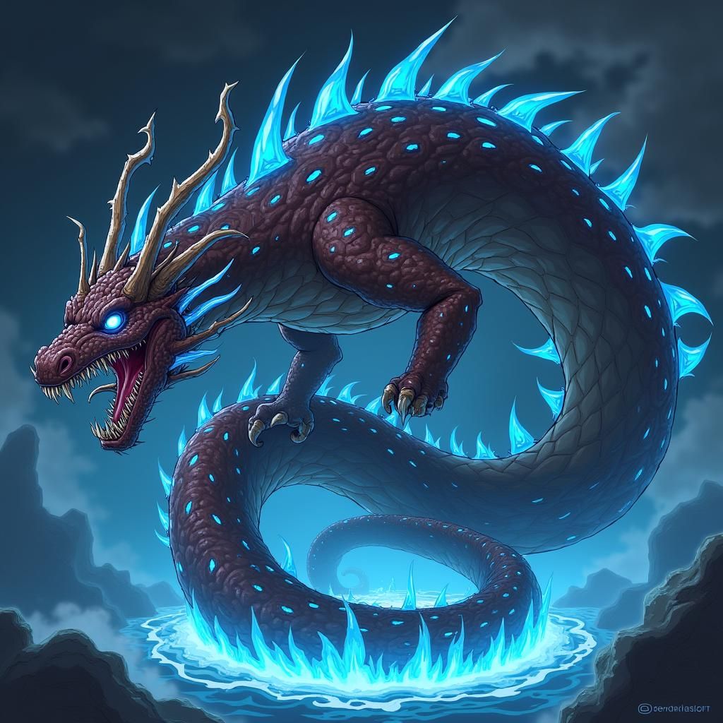 Neon Leviathan Serpent with Horns in Anime Style