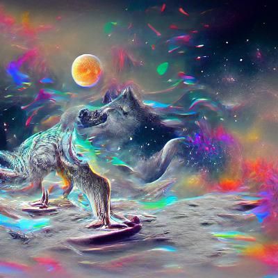 Cosmic Wolf Howling at Moon, Holographic Illustration