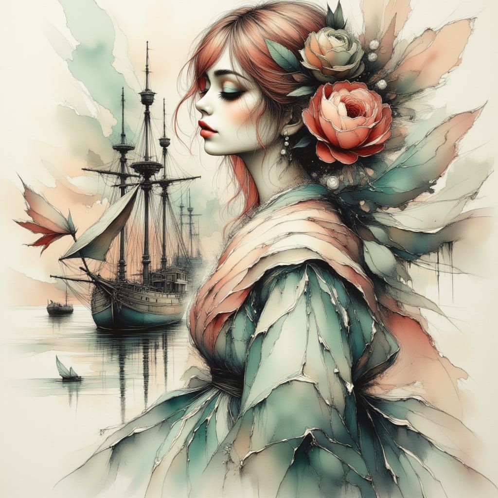 Ethereal Anime Woman in Muted Tones Cityscape