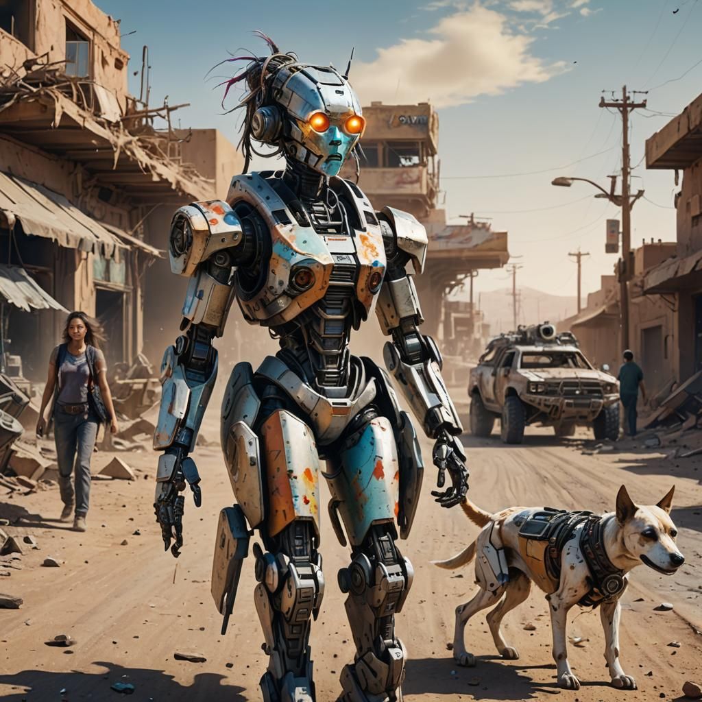 Apocalyptic Android with Robot Dog in Desert