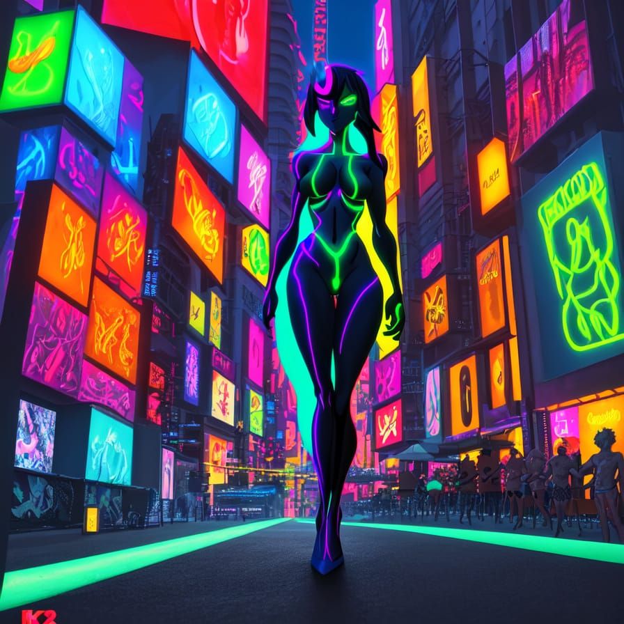 Surreal Neon Cityscape with Figure in Anime Style