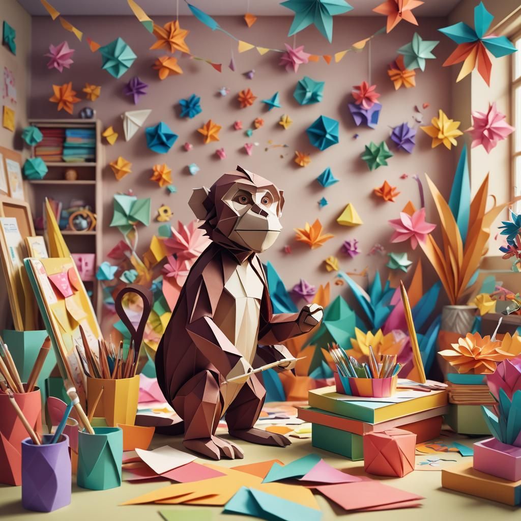 Origami Monkey Painter in Papercraft Stationery Room