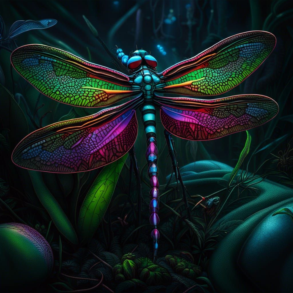Vivid Dragonfly Among Carnivorous Plants in Biomechanical St...