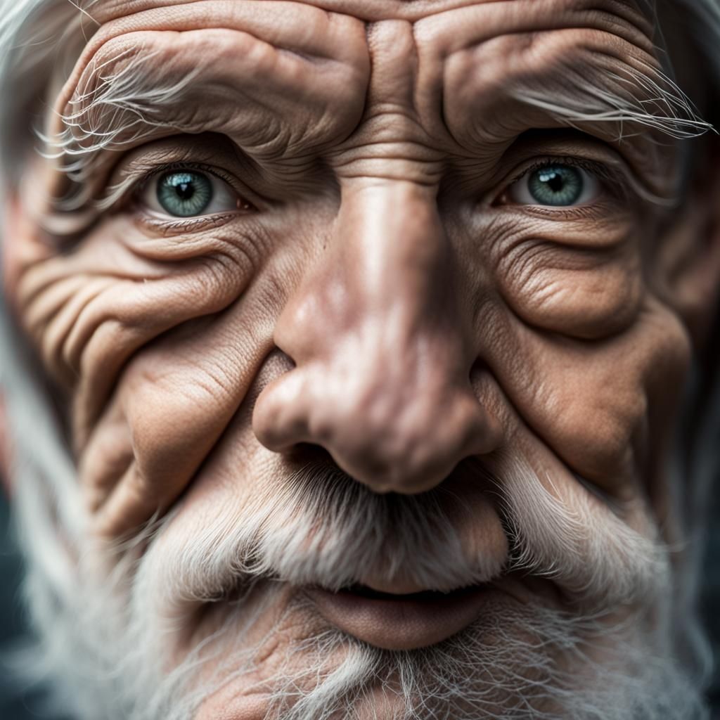 Hyperrealistic Portrait of White-Haired Man in Dramatic Ligh...