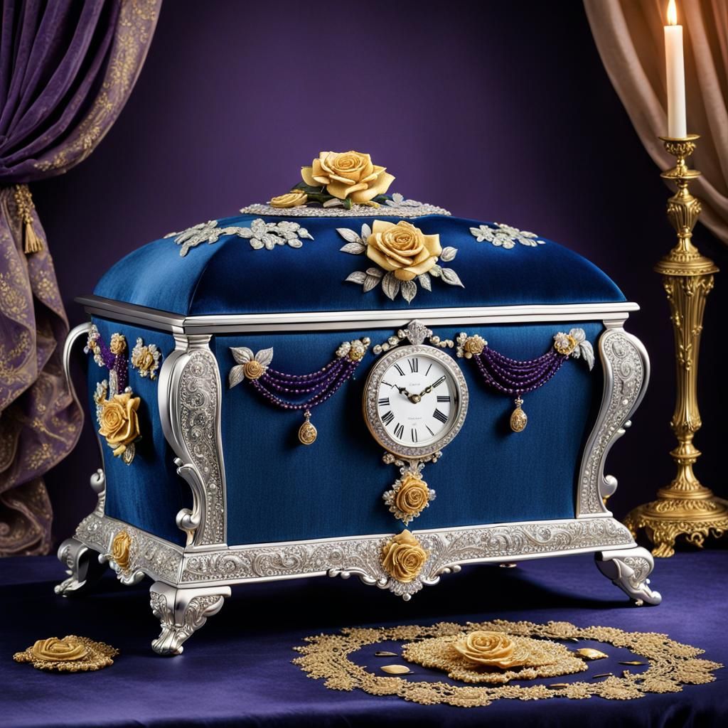 (a beautiful silver silk casket with a rose, embroidered wit...