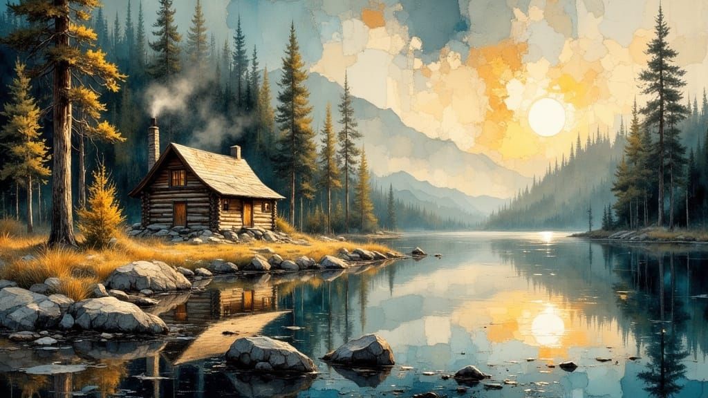 Cabin in Pine Forest with Impasto Brushstrokes