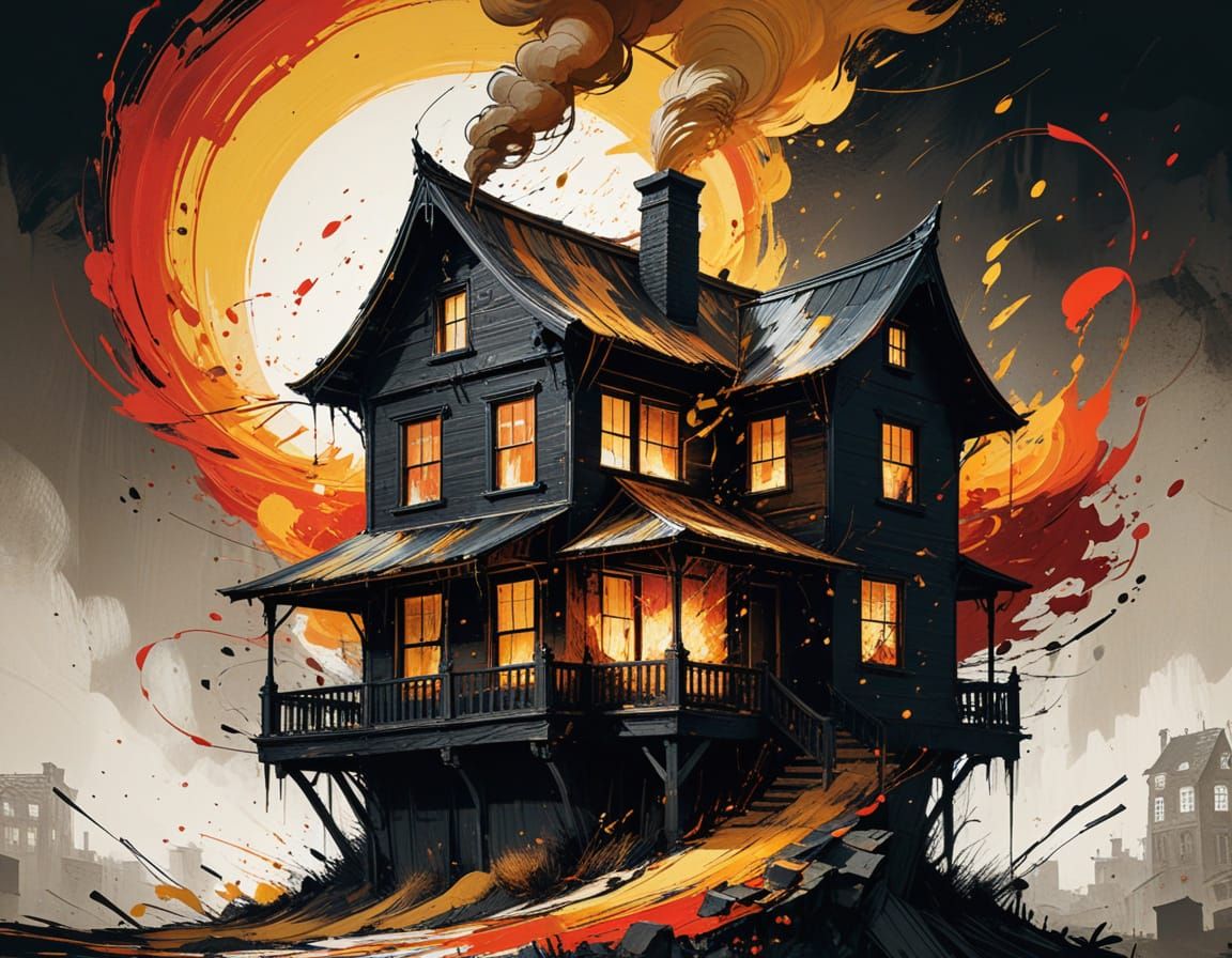 Paper House Blown Away in Expressive Cartoon Style