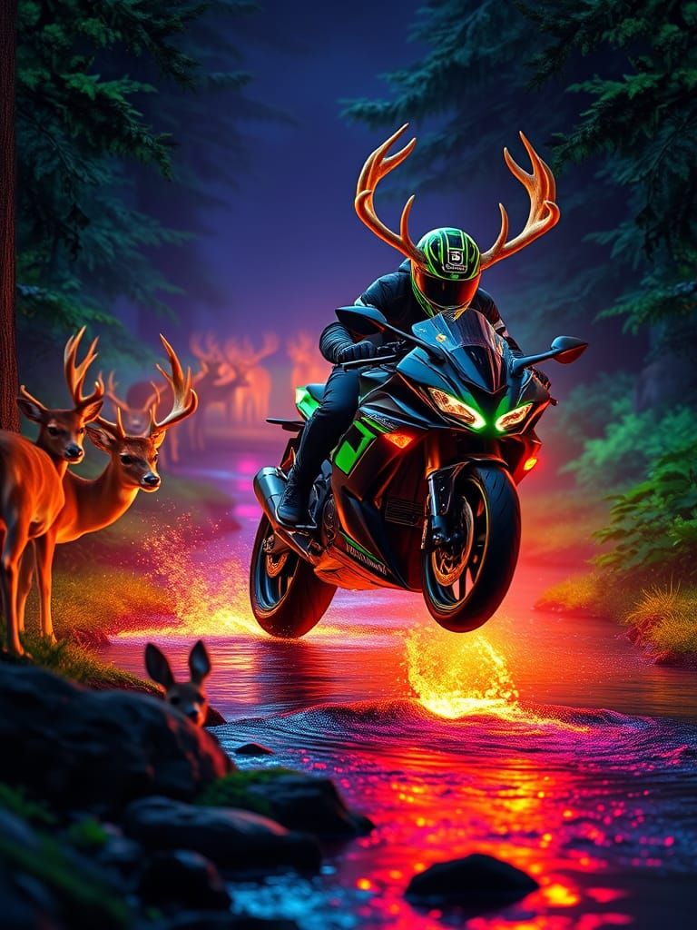 Neon Deer Motorcycle Jump in Hyperrealistic Style