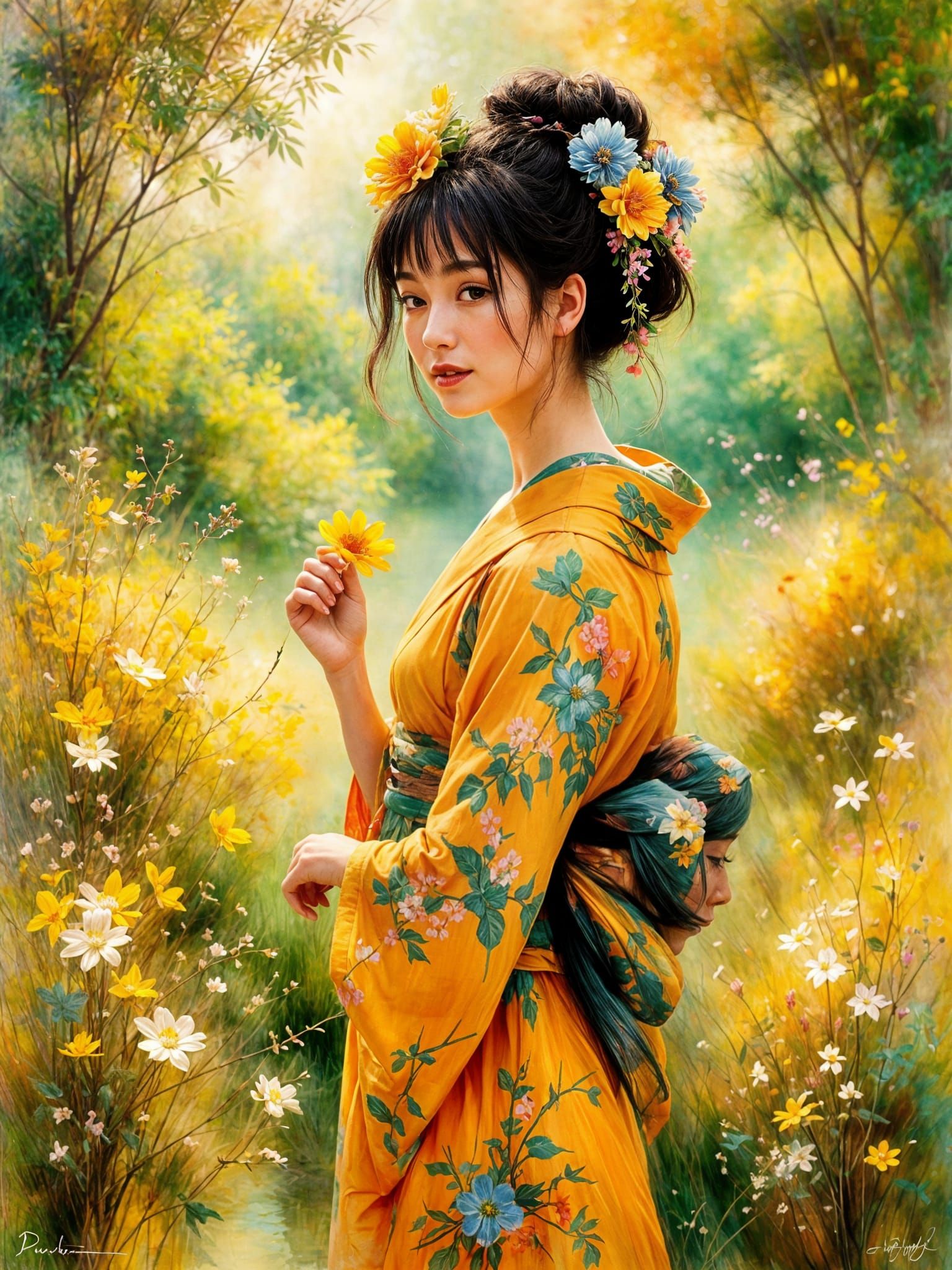 Japanese Woman in Impressionistic Spring Garden