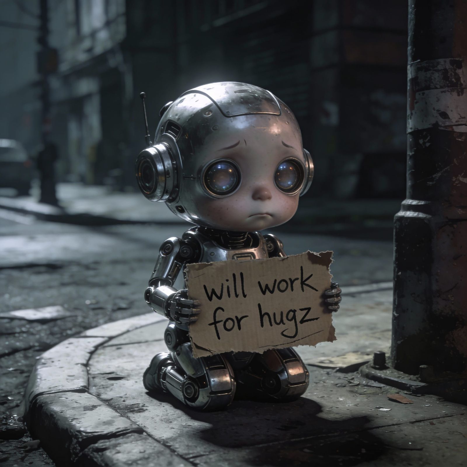 Sad Robot Seeks Hugs on Grimy Street Corner