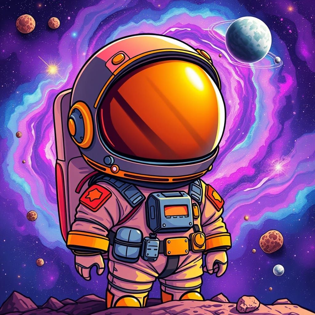 Vibrant Chibi Astronaut in Whimsical Space Odyssey