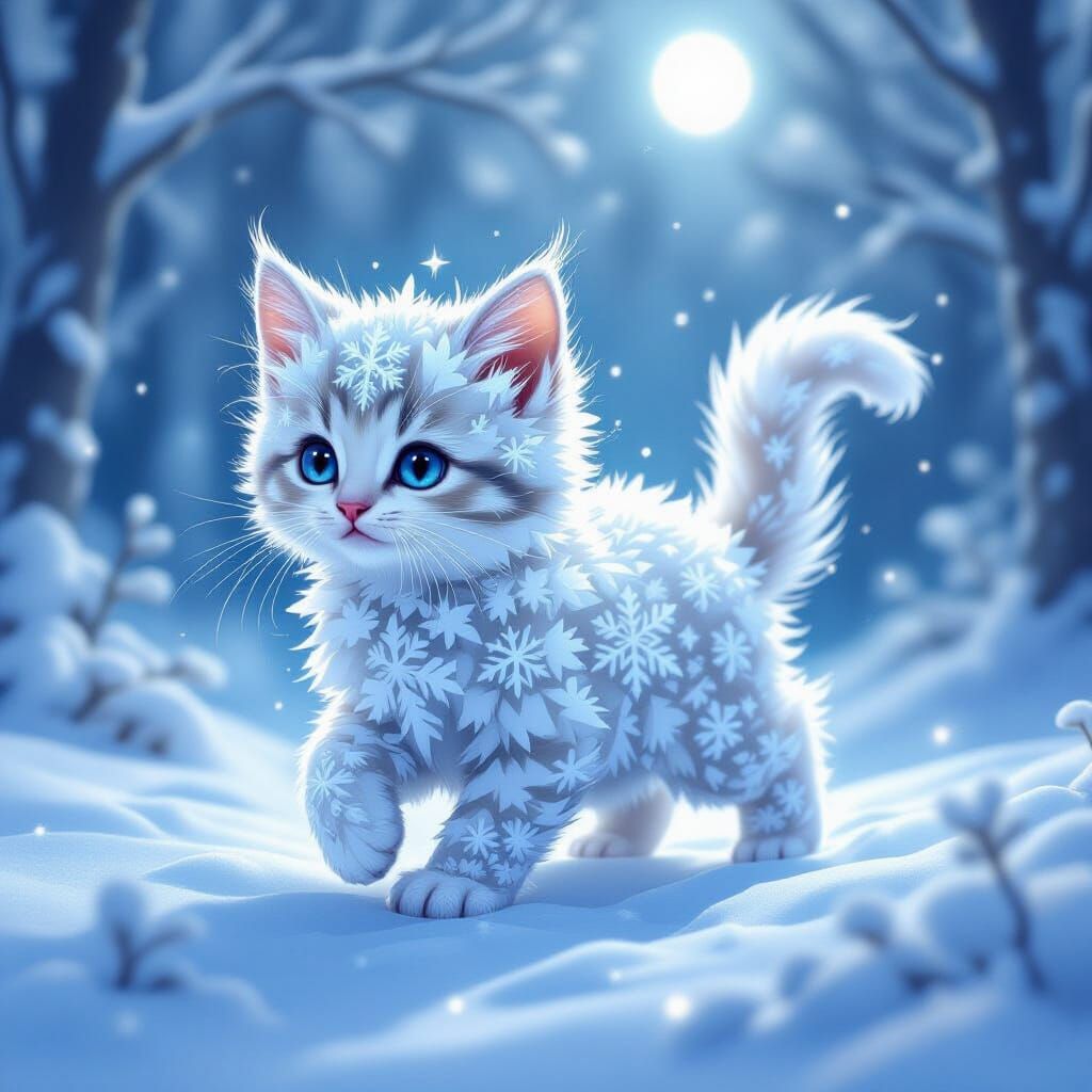 Snowflake Kitten in Moonlit Winter Forest