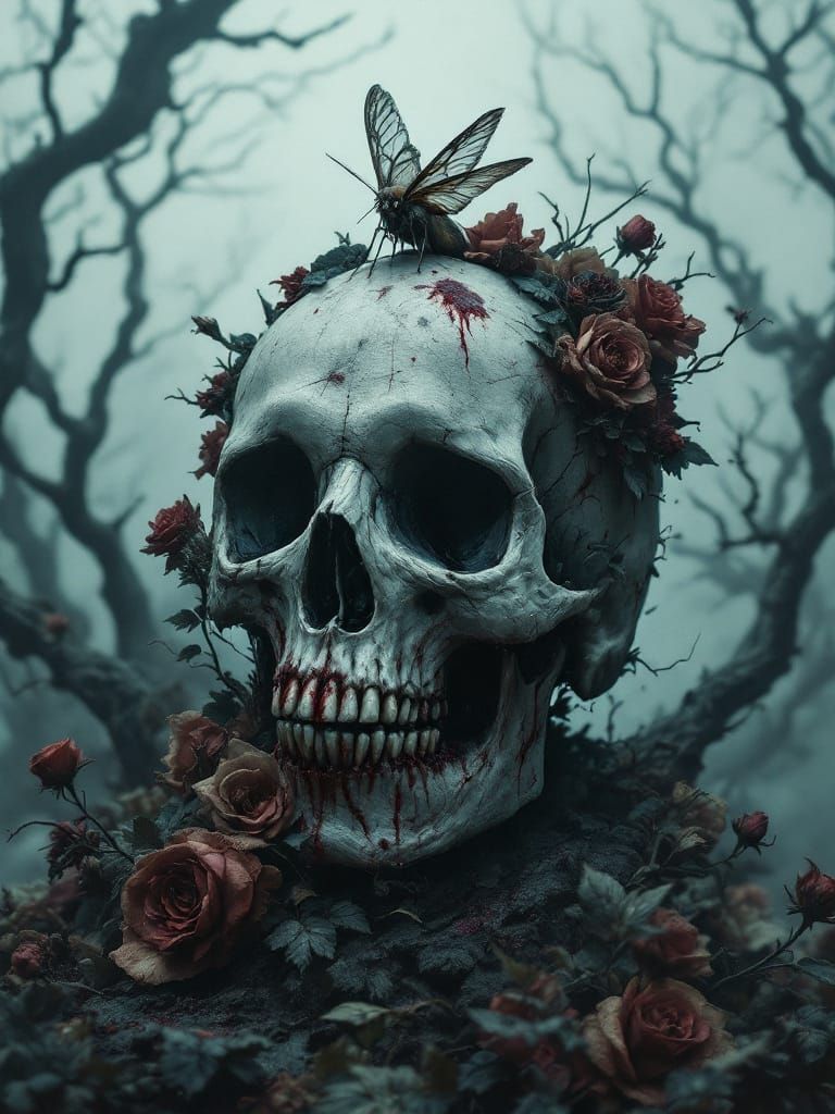 Macabre Skull with Withered Flowers and Moths