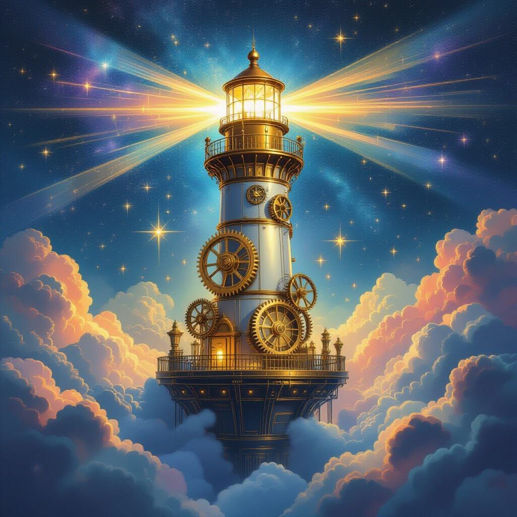 Ornate Lighthouse Floating Among Stars in Psychedelic Style