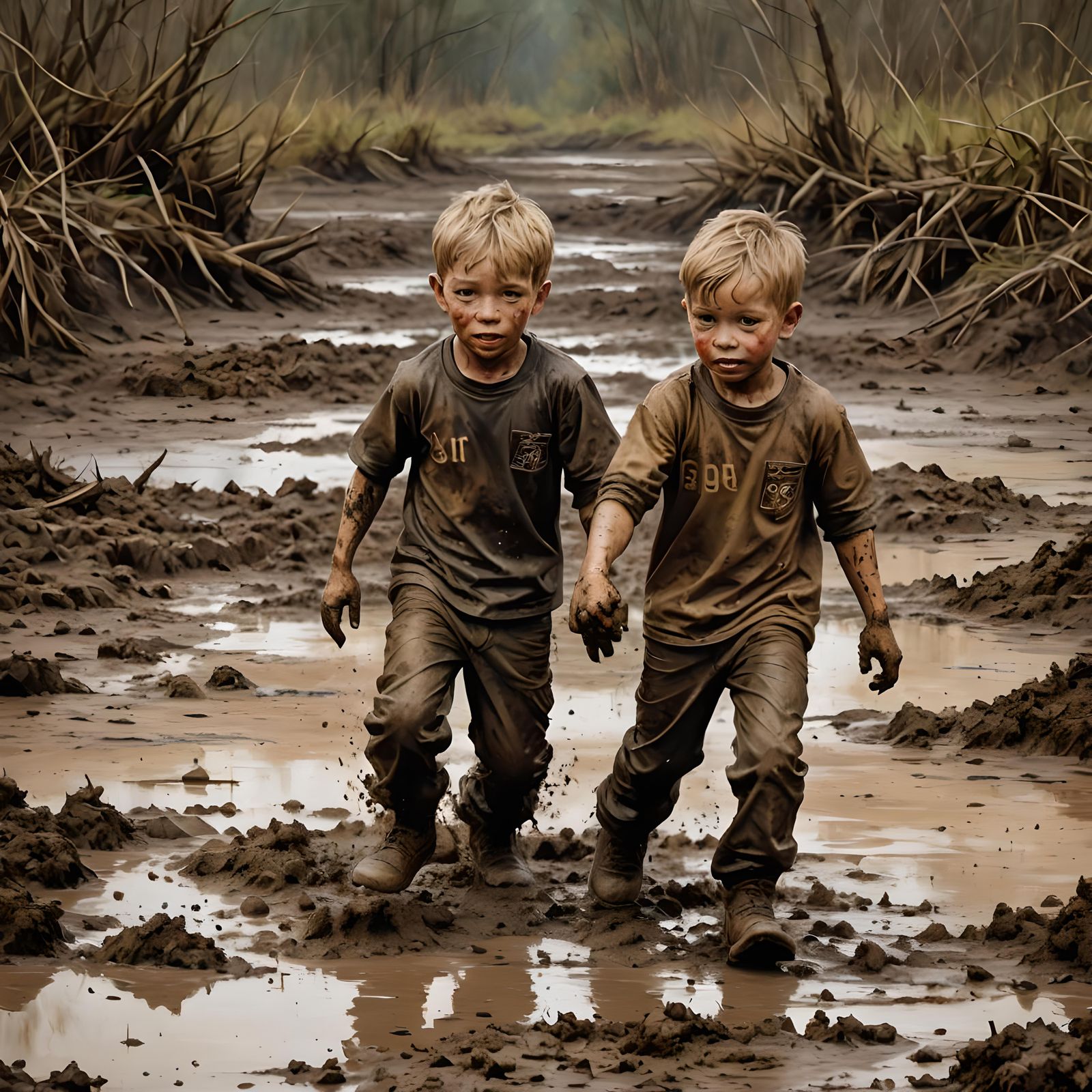 Twin Brothers Play in Mud: Fine Art Painting