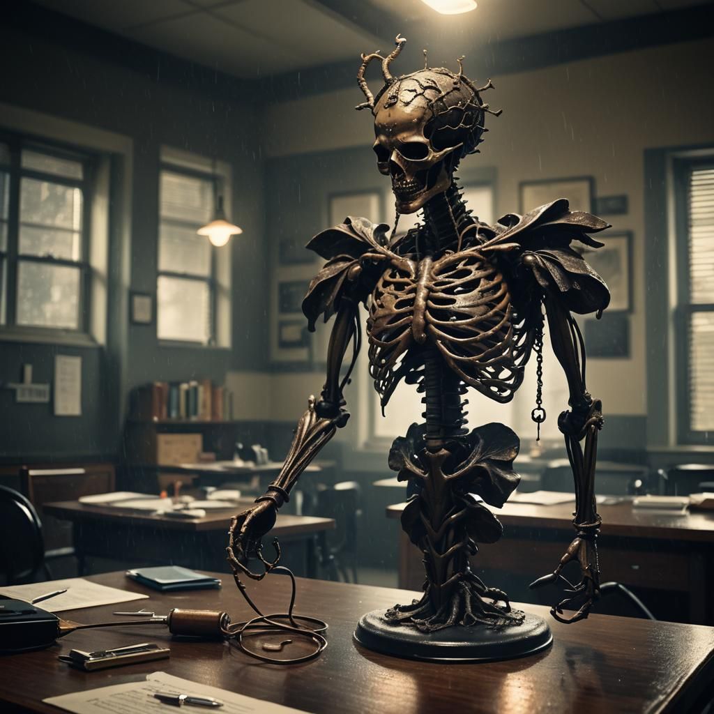 Dark Surrealism: Caduceus in Dimly Lit Classroom