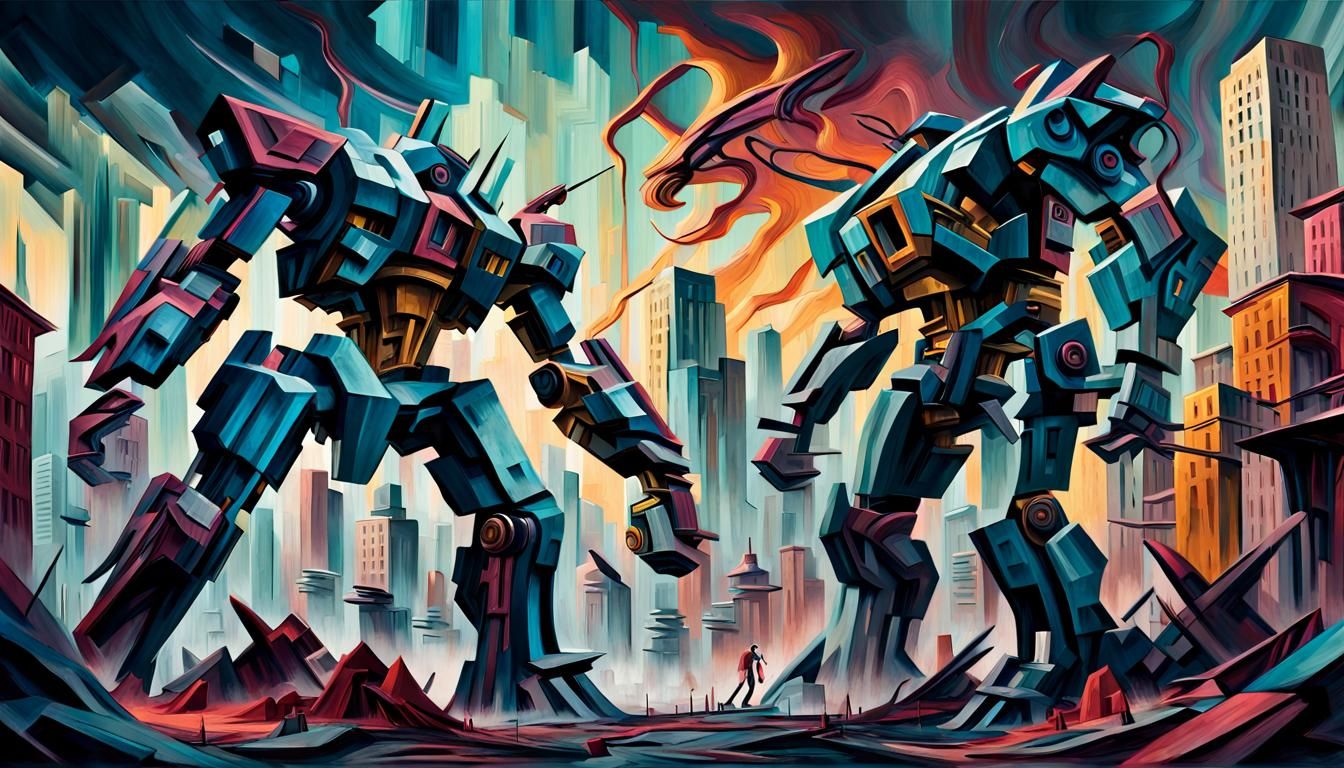 Mecha Battle in Surreal Abstract Cityscape