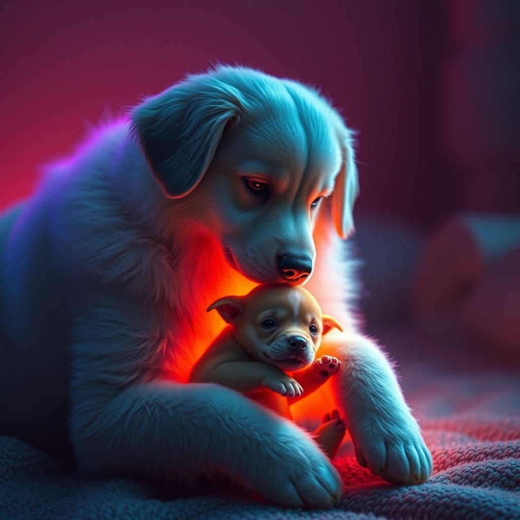 Dreamlike Canine Bond in Enchanted Neon Glow
