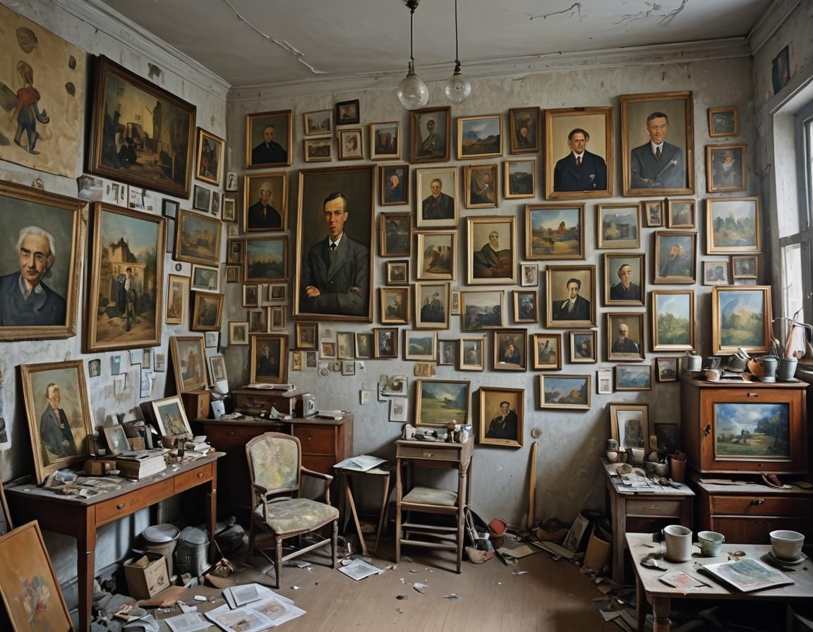 Hyperrealistic Soviet Apartment Room with Paintings