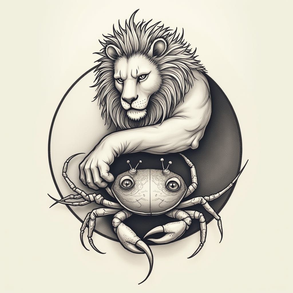 Lion and Crab Yin-Yang Tattoo in Japanese Style