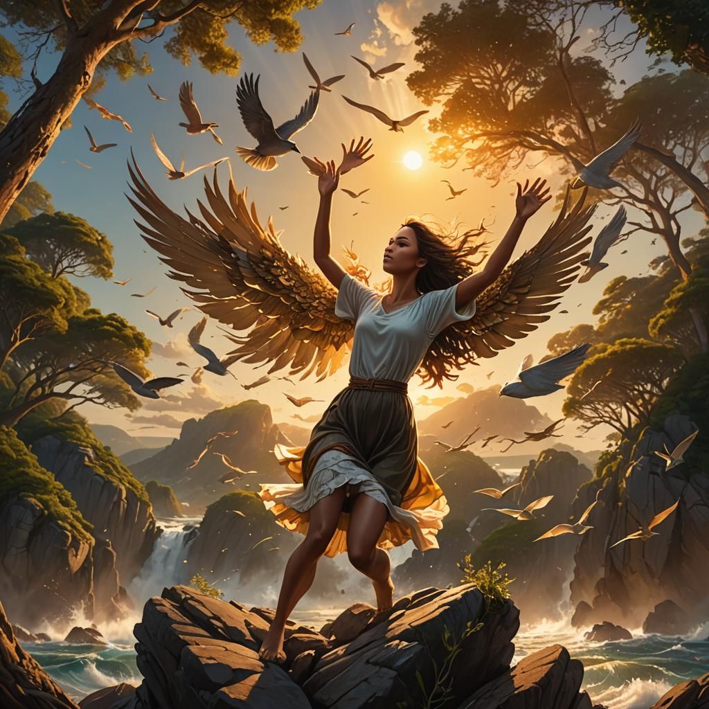 Woman Supported by Hands Flying at Sunset