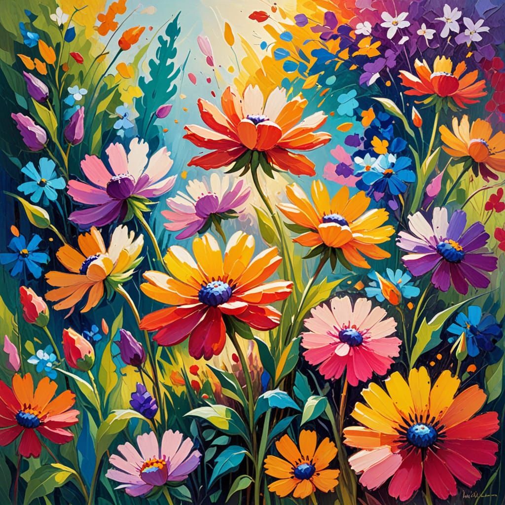 Vibrant Fauvism Oil Painting of Garden Flowers