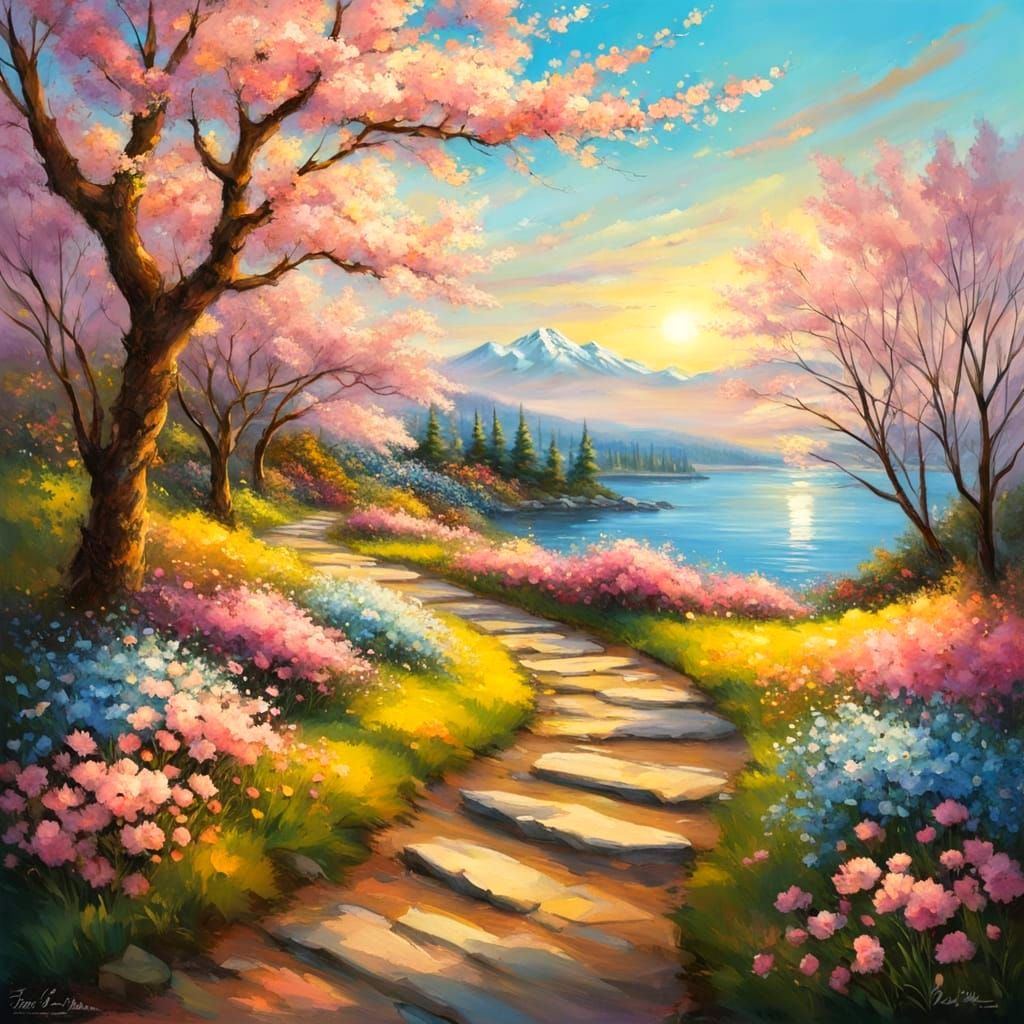 Luminous Cherry Blossom Landscape in Vibrant Colors