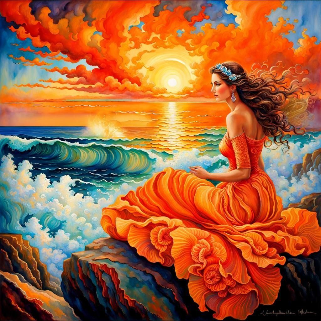 Radiant Beauty on Vibrant Orange Seascape