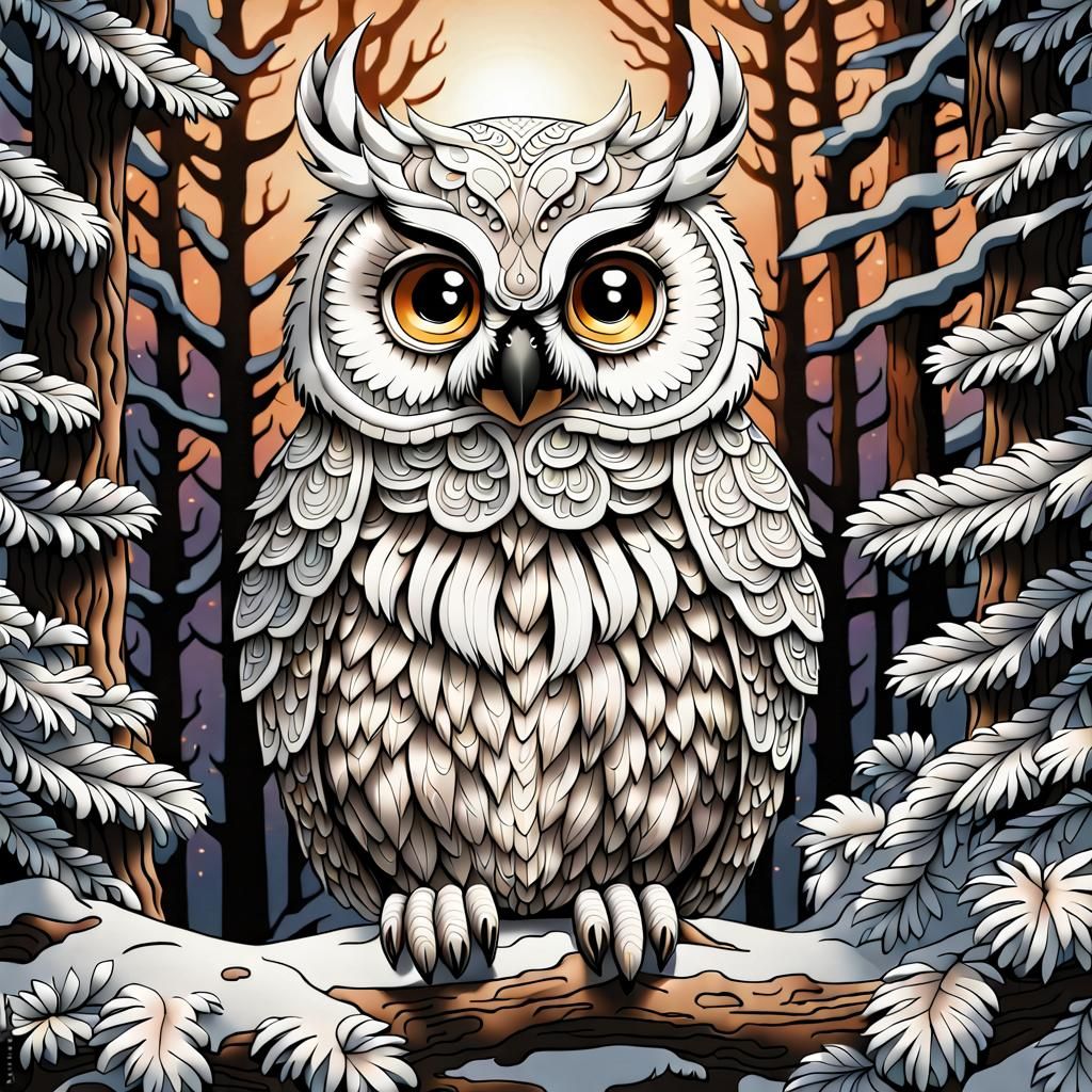 Detailed Cartoon Owl Coloring Page in Ink