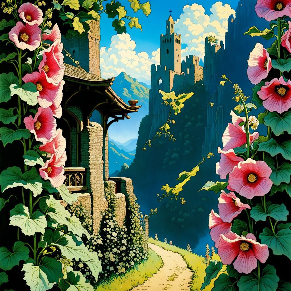 Anime Castle with Hollyhocks in Golden Age Style