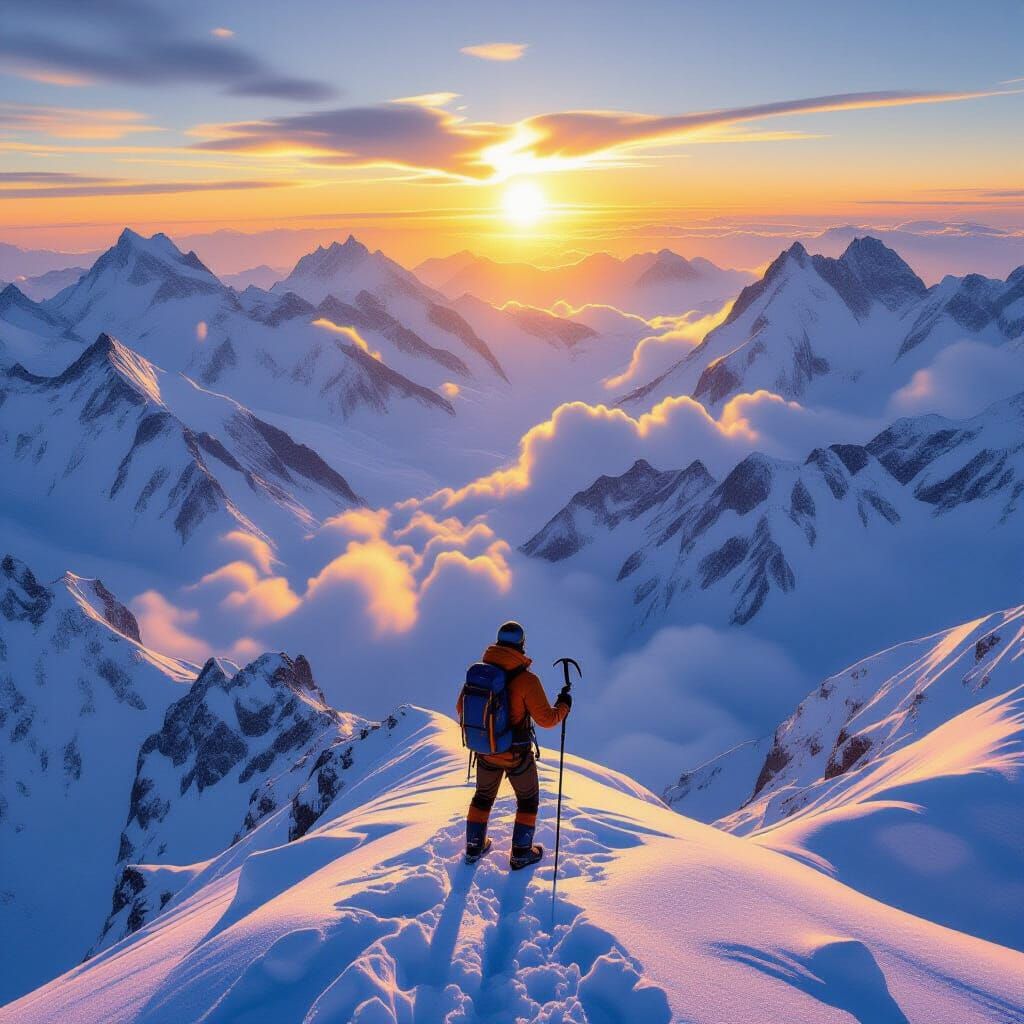 Mountaineer Summit Victory at Golden Hour