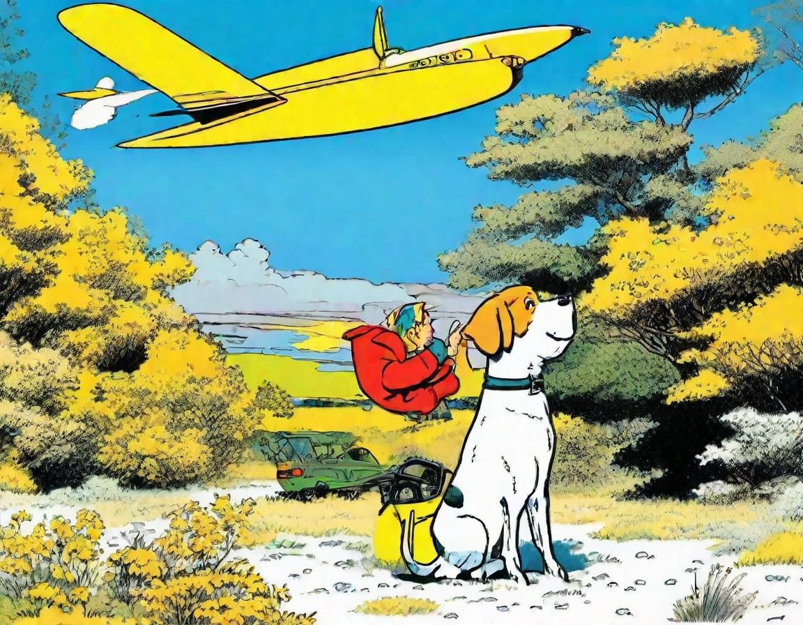 Tintin looking at yellow 1950's sportsplane in the air