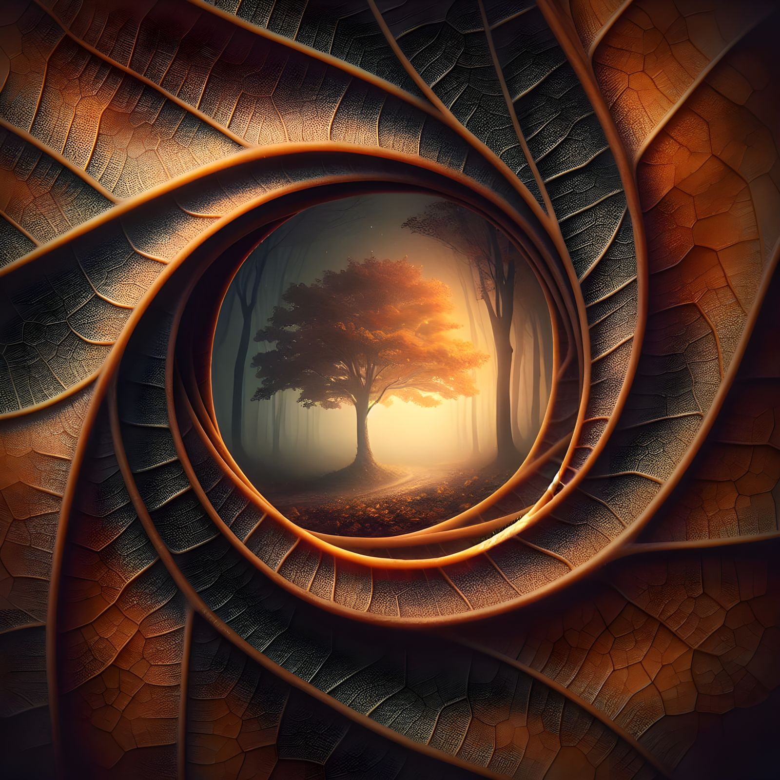 Autumn Leaf Macro View of Foggy Forest