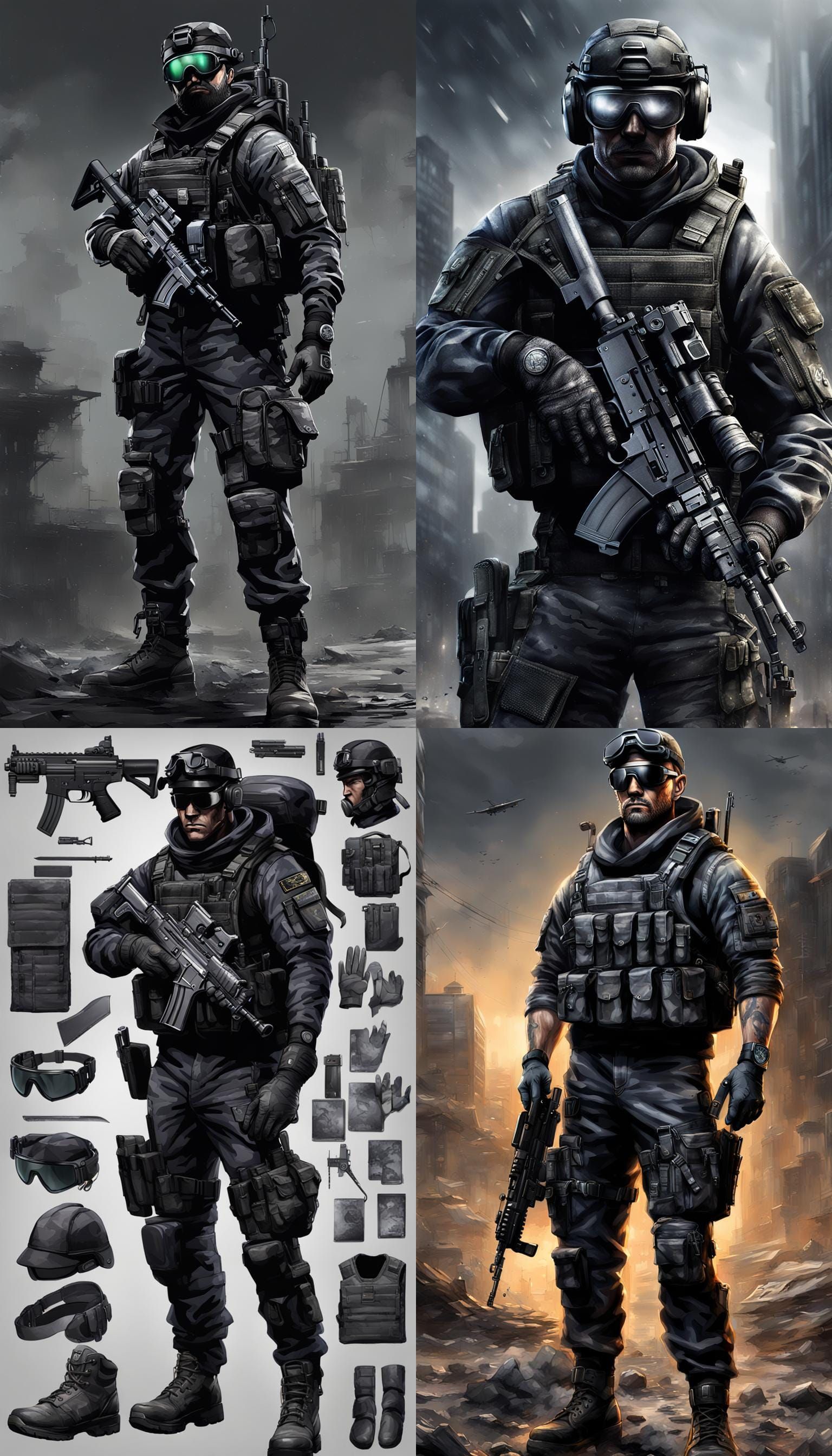 Hyperrealistic Soldier in Black Camo with Assault Rifle