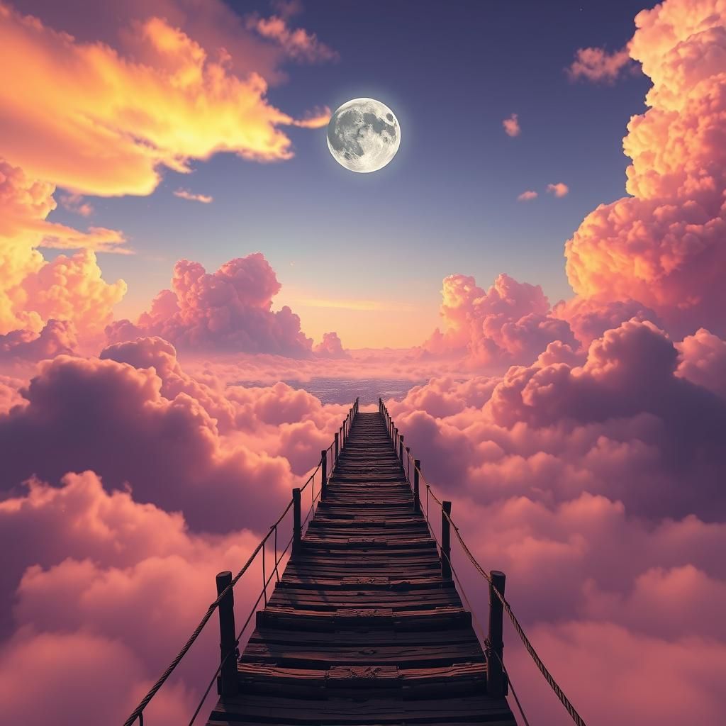 City Above Clouds with Wooden Bridge, Fantasy Art