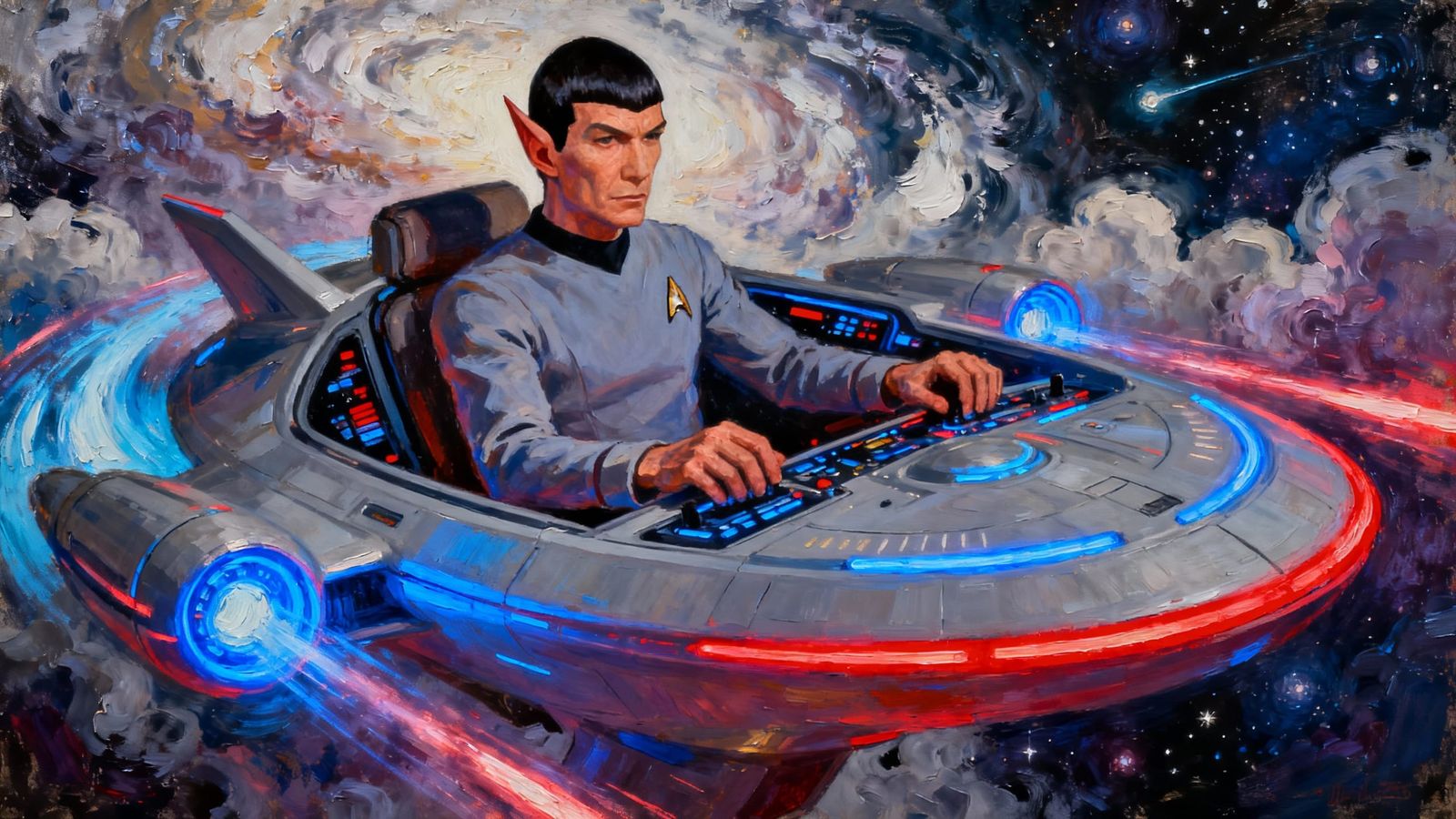 Spock Piloting Starship in Epic Oil Painting Style
