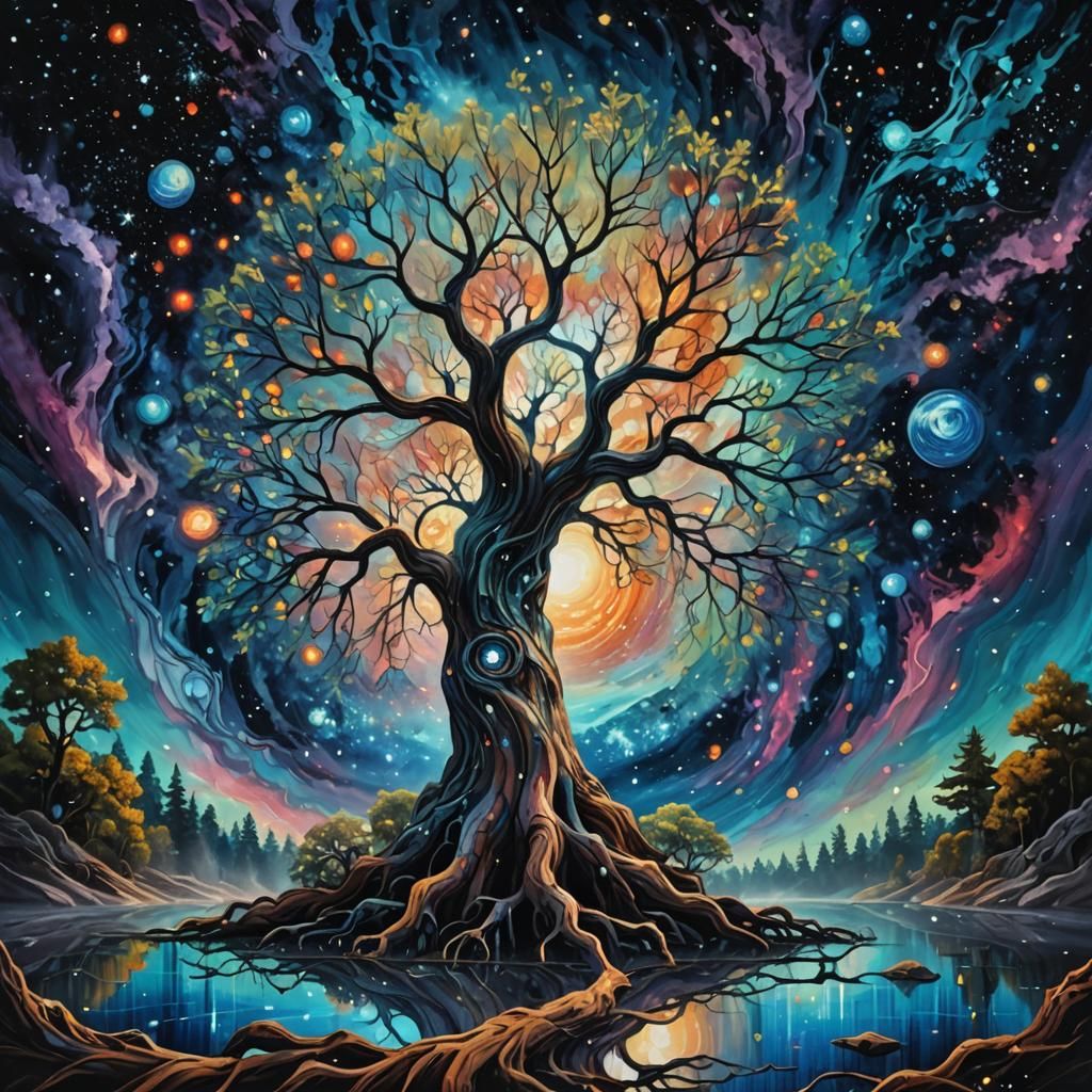 Galactic Tree: Neo-Impressionist Impasto Painting