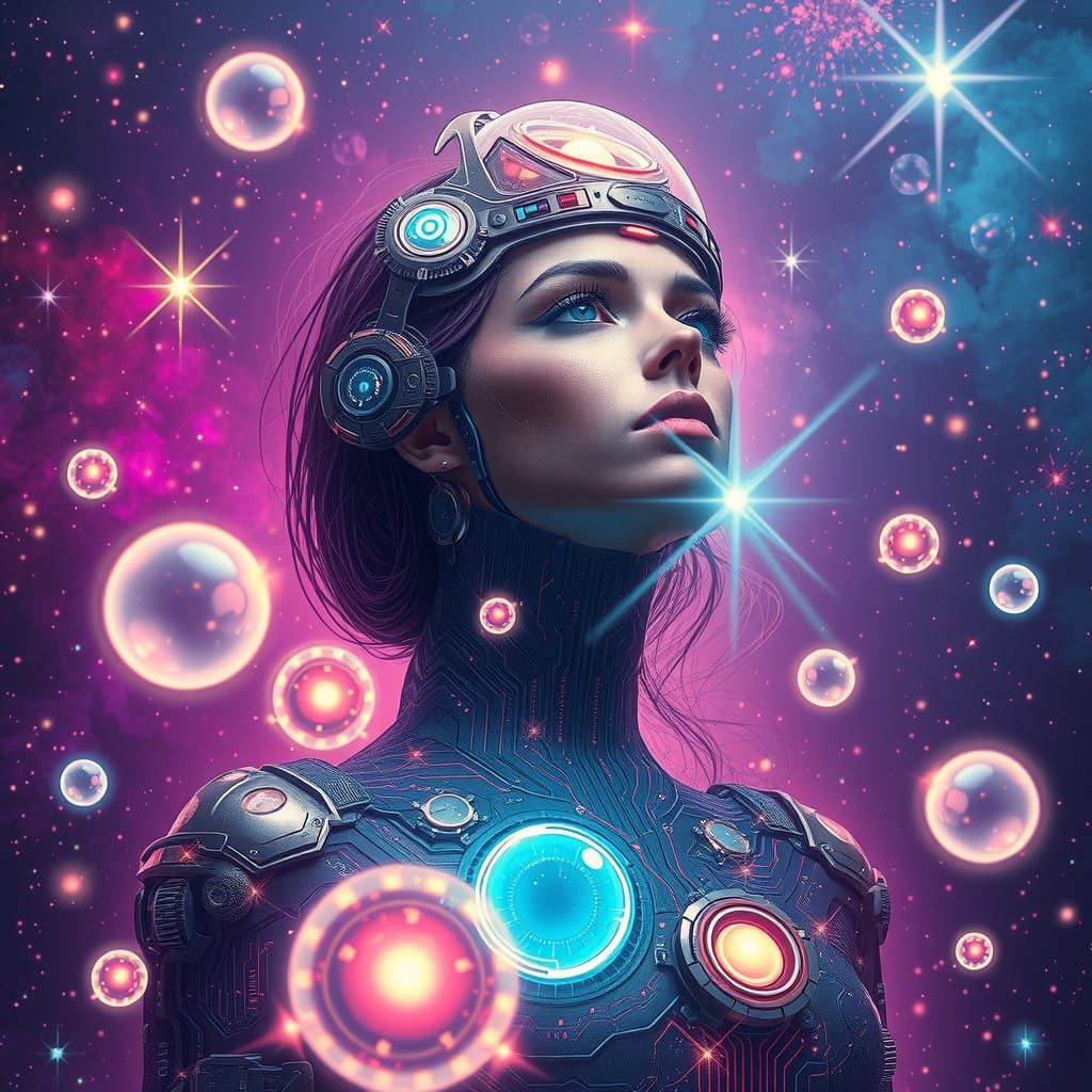 Cosmic Woman in Starry Space with Glowing Orbs